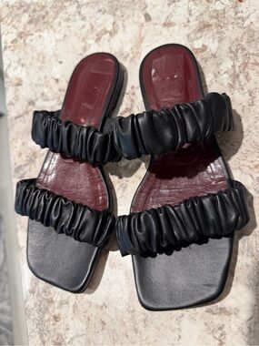 STAUD Black Ruched Double-Strap Slide Sandals with Burgundy Footbed